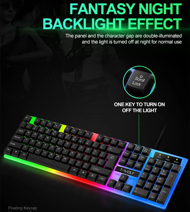 Arabic English Keyboard with Arabic Alphabet Keyboard Mouse Kit 100% Keyboard 104 Keys Backlight Gaming Transparent Panel TF230
