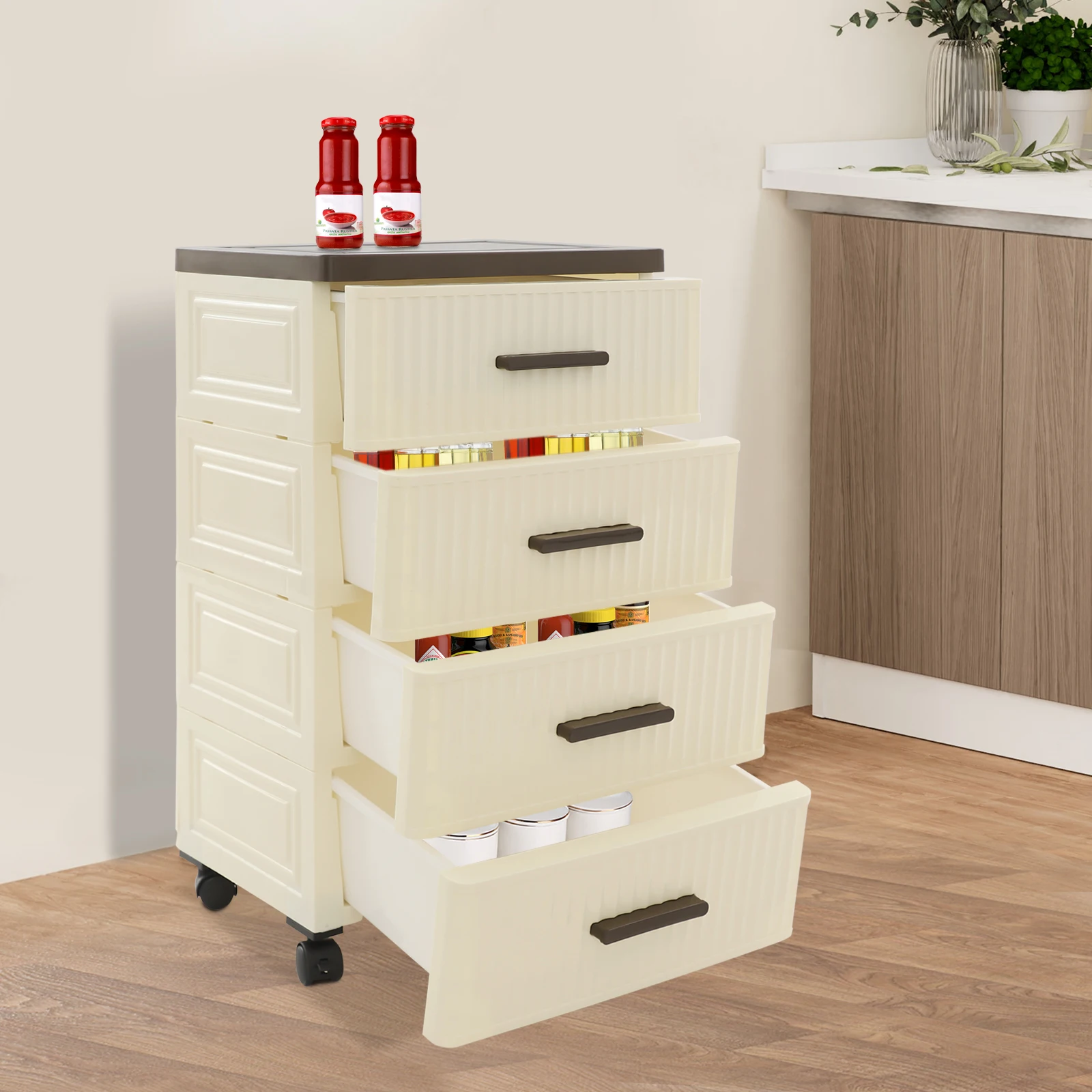 

Rolling Storage Cabinet with 4 Drawers & Wheels, Mobile Organizer with Brakes, Kitchen Bathroom Bedroom Utility Cart