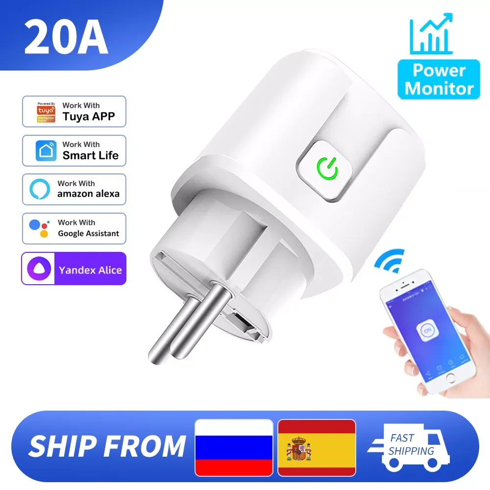 

Tuya 20 А ЕU Умная розетка с таймером и поддержкой Wi-Fi, огнестойкий монитор мощности голосовое управление для Яндекс Алиса Alexa Google Home