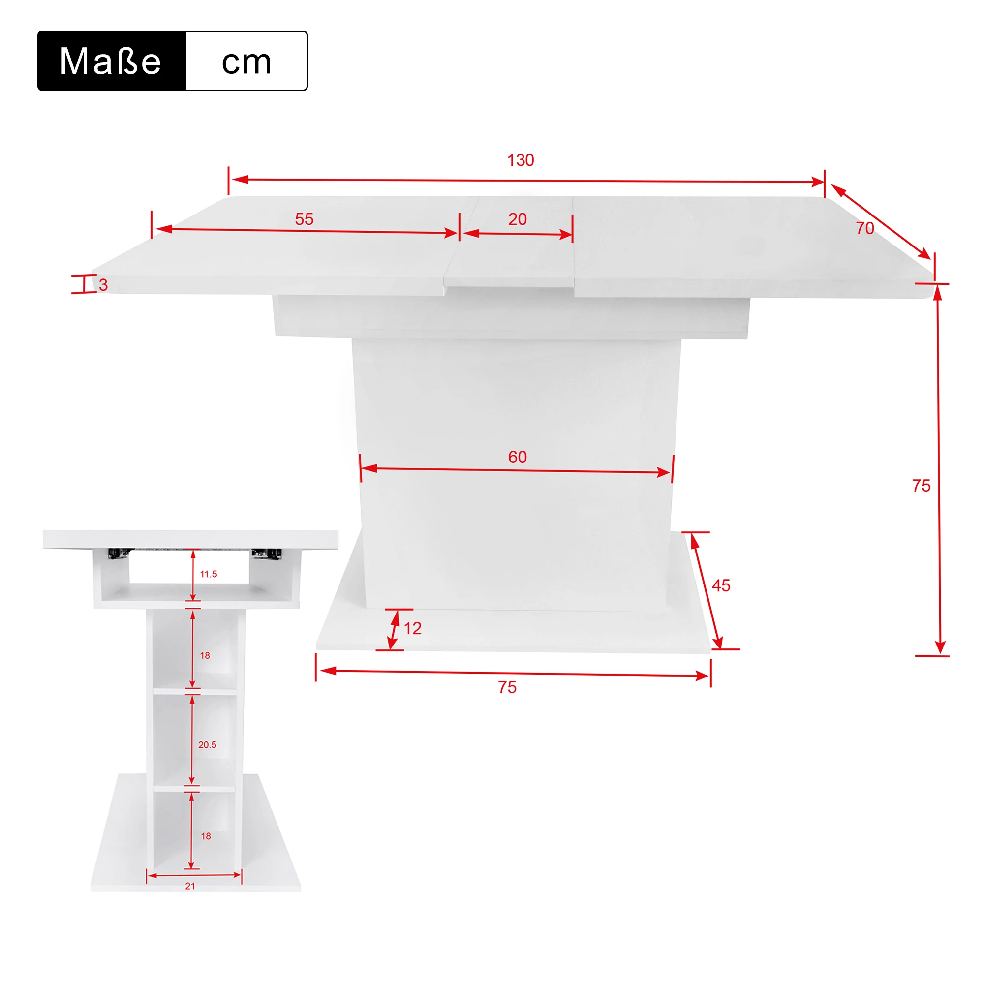 130*70*75 cm Uitschuifbare eettafel Rechthoekig Vrijetijdstafel voor woonkamer Betonlook Wit