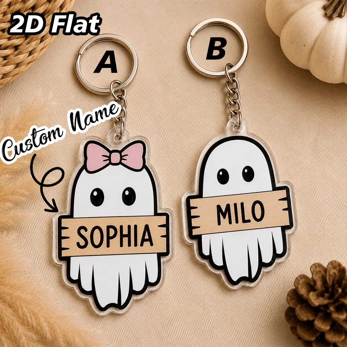 2d Flat Custom Name Ghost Acrylic Keychain, Cute Ghost-shaped Name Tag Pendant, Two Styles Available, Halloween Bag Accessory