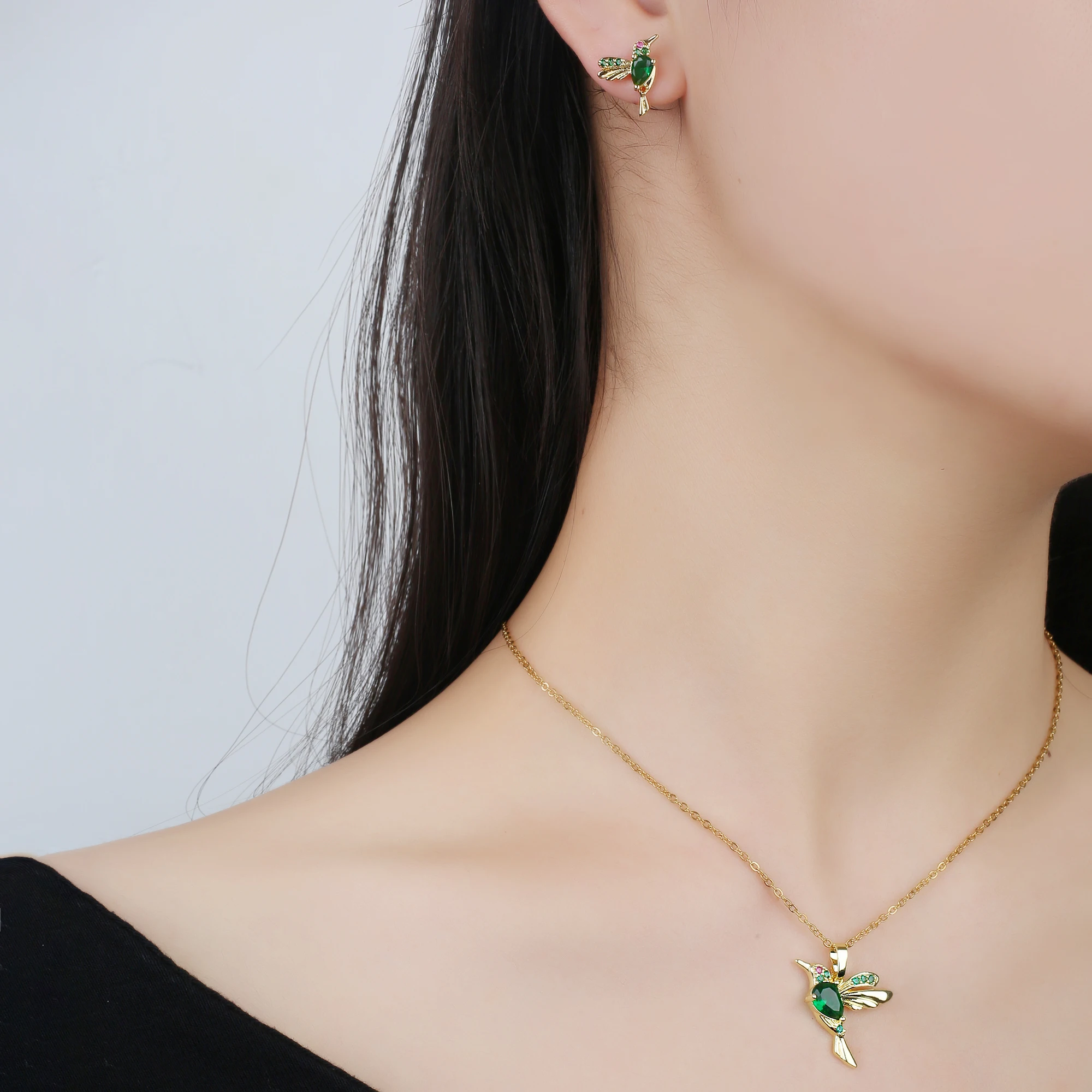Classic Crystal Hummingbird Pendant Necklace Earring Set 7 Color Zirconia Animal Bird Necklace Girls Party Birthday Wedding Gift