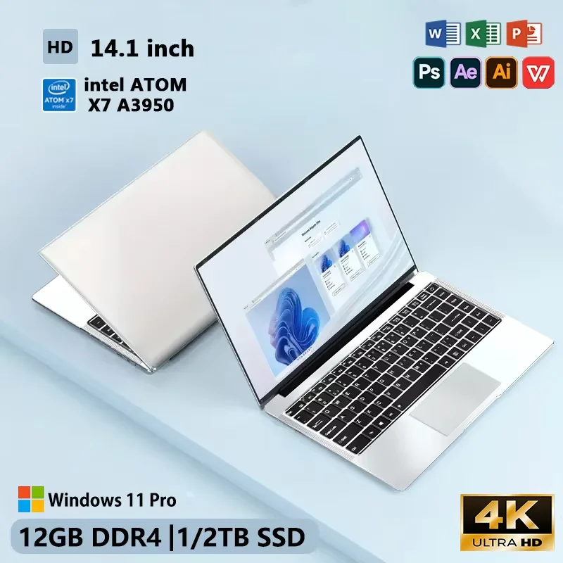 Slim 180 °   Portátil Plegable de 14.1'' con Windows 11, Intel Atom x7 A3950, 12GB de RAM, 512GB/1TB SSD, 1920*1080, Ordenador para Oficina y Estudio