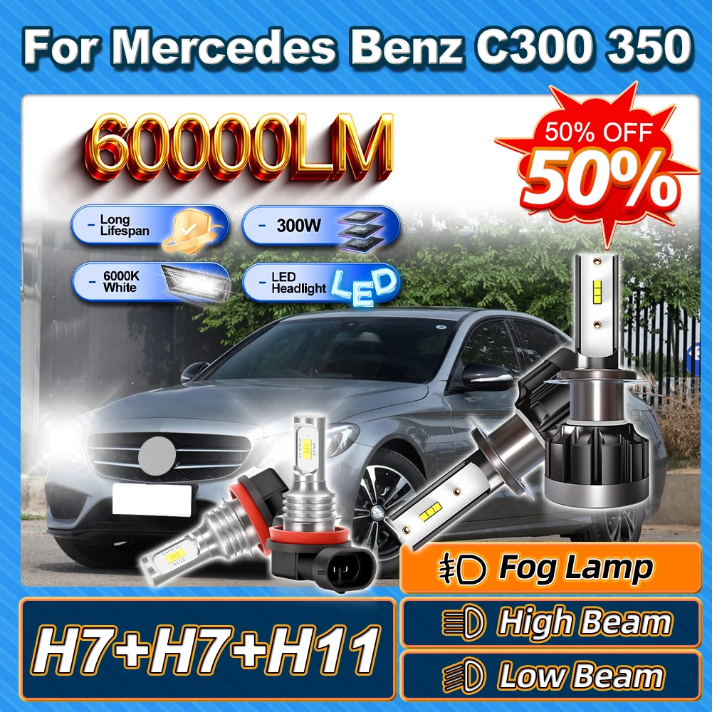 

For Mercedes Benz C300 350 2008 2009 2010 H7 High Low Beam 300W Headlight Ampoule H11 Fog Light 6000K Canbus No Error 60000LM