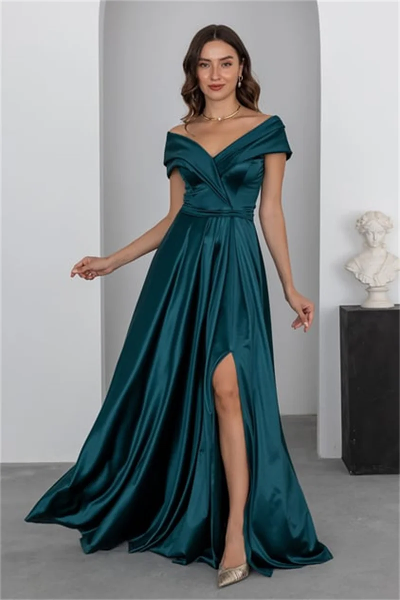 

Simple Off The Shoulder Satin Prom Dress With Slit V Neck Long Draped Bridesmaid Dress Women Evening Party Formal Occasion gala