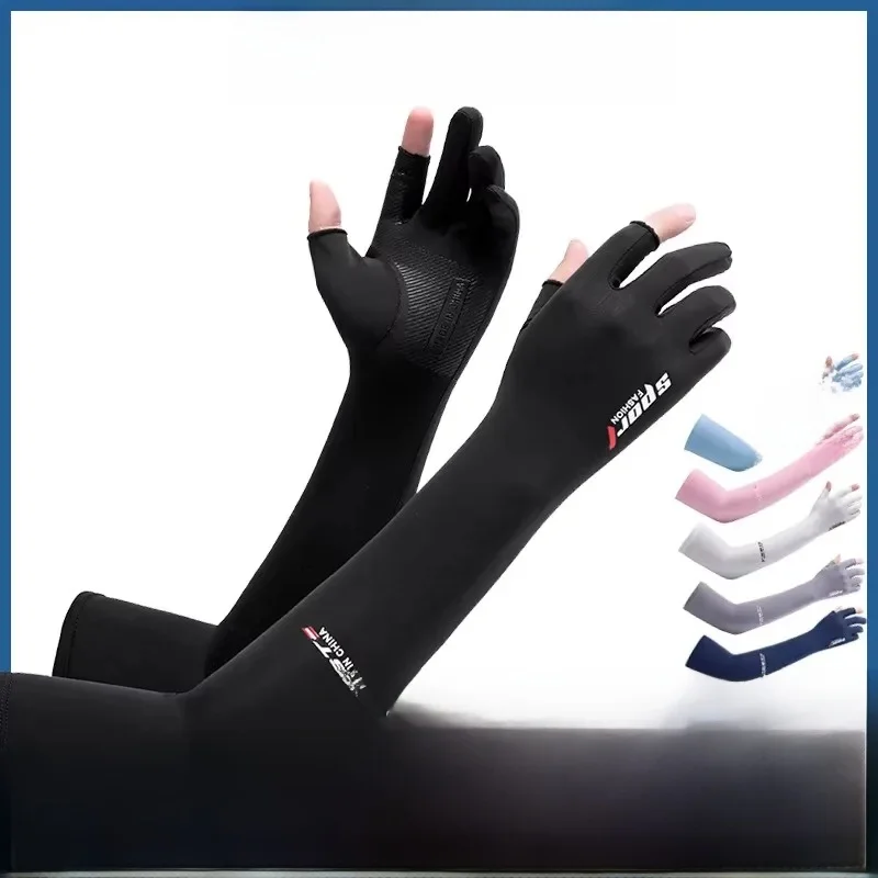 AliExpress NONE Ice Silk Sleeves Women Summer Sun Protection Men Fishing Cycling Breathable Two-Finger Non-Slip Gloves Arm Warmer Driving Sleeve