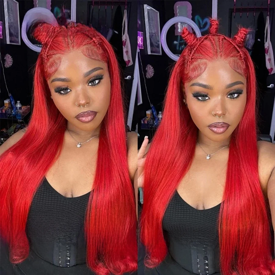 Wow Angel Hot Red 13x6 HD Kant Frontale Pruiken 250% Rechte Pre Cut Lace Front Pruiken Menselijk haar Huidachtige Lijmloze Gekleurde Voor Vrouwen - afbeelding 2