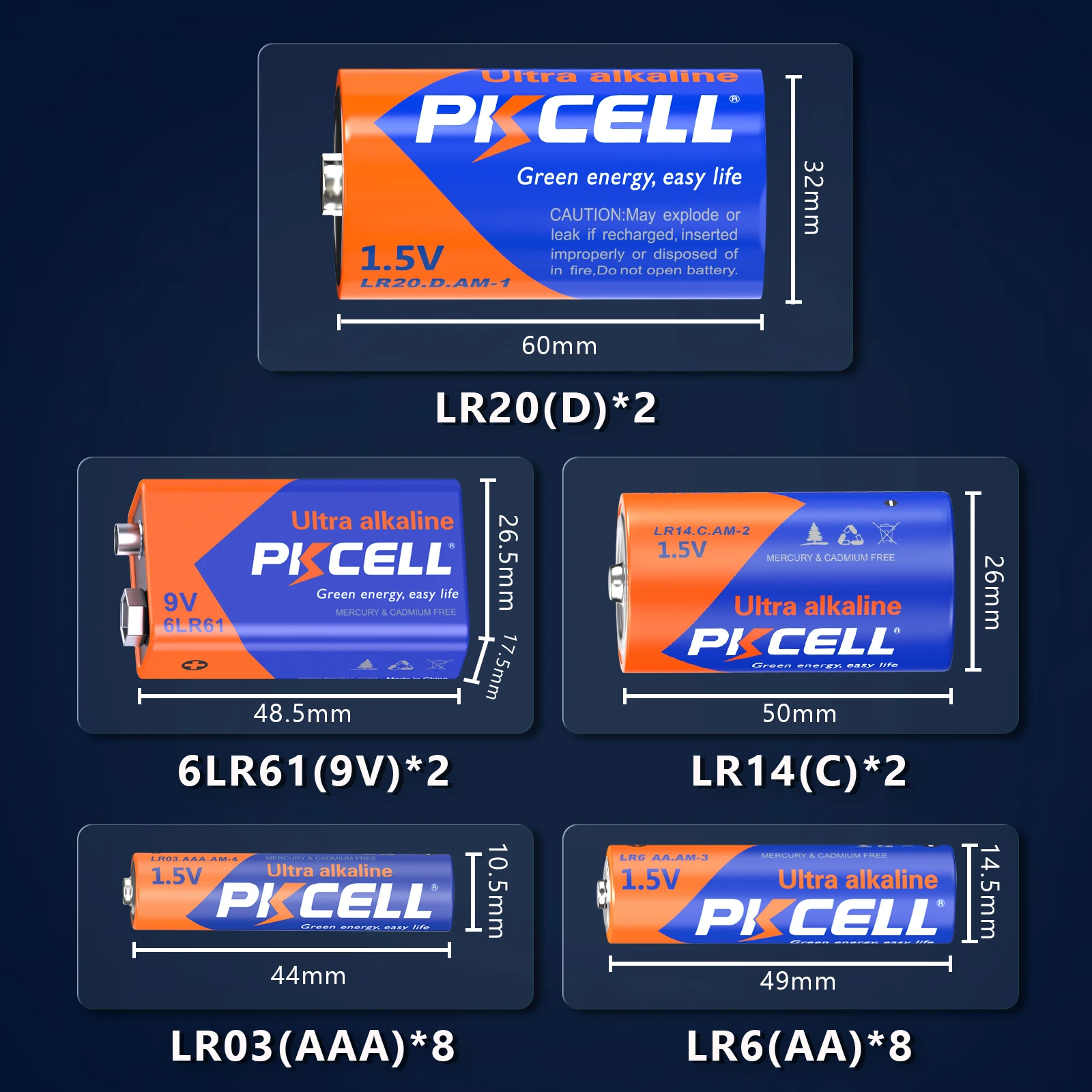 PKCELL 22PC Combo Super Alkaline Battery 16PC AA & AAA 6PC C D 9V Rozmiar Nieładowalne baterie 1,5 V Pakiet baterii alkalicznej