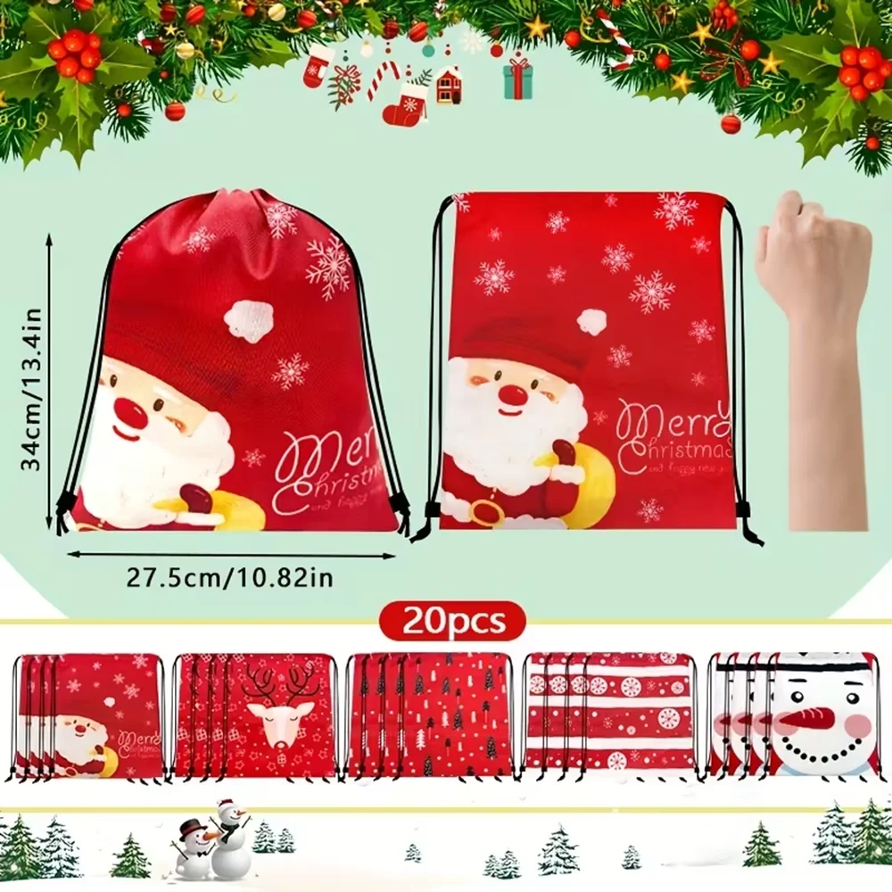 20Pcs Christmas Drawstring Backpack, Camping Bags Outdoor Bags, X‑mas Santa Snowman Reindeer Pattern Sack Bag for Holiday Party