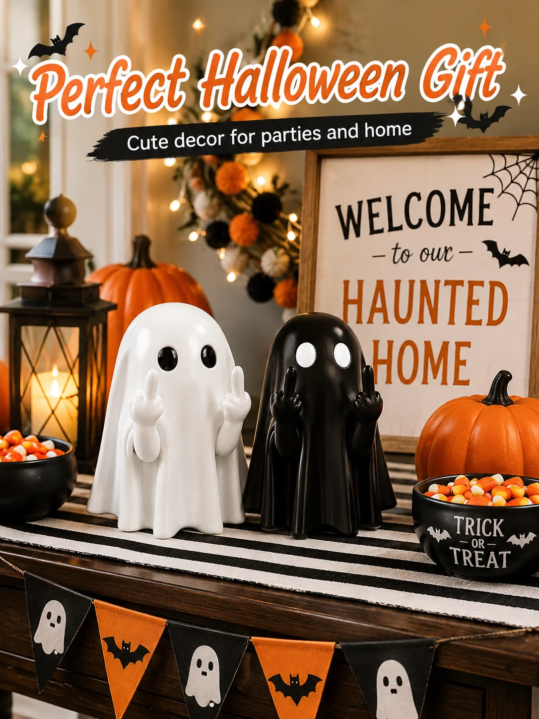 Halloween Ghost Figurine Funny Middle Finger Statue Spooky Tabletop Decoration for Home Party Desk Decor
