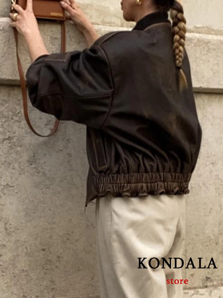 KONDALA Chic Casual High Street Solid Brown Women Jacket Fashion 2023 Autumn Faux Leather Long Sleeve Zipper Streetwear Outwear