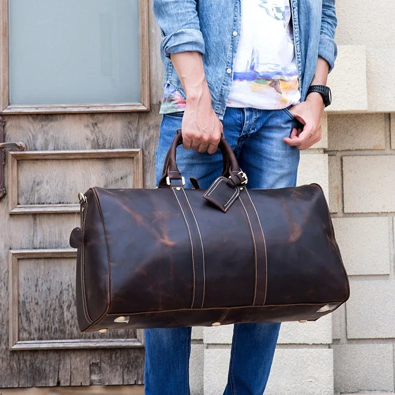 Vintage Men Genuine Leather Travel Bag Travel Tote Big Weekend Bag Man Cowskin Duffle Bag Hand Luggage Male Handbags Large 60cm — zdjęcie 2