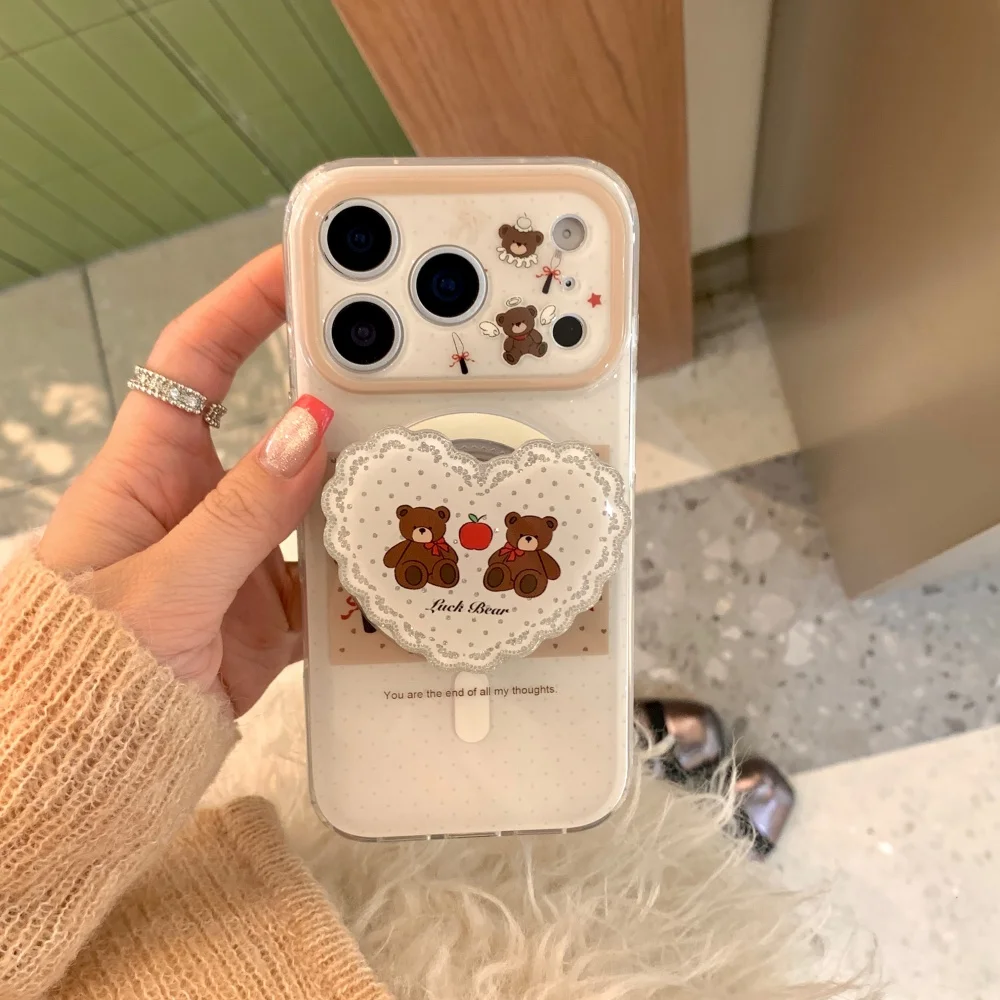

Fashion wavy care bear magnetic holder phone case for iPhone 17 16 ProMax 14 15 Pro fundas Korean INS shockproof protective case