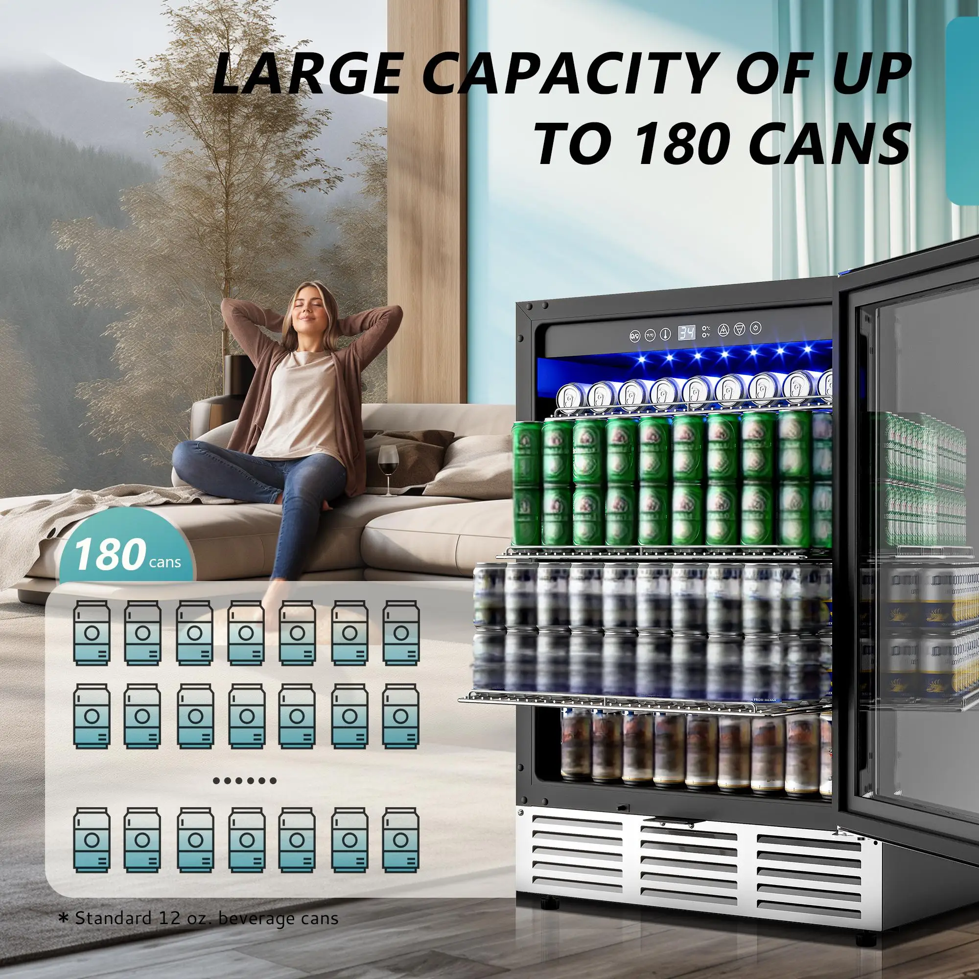 Beverage Refrigerator 24Inch 180 Can Built-in Beverage Cooler Under Counter Beer Fridge Soda Water Wine For Kitchen Bar Office