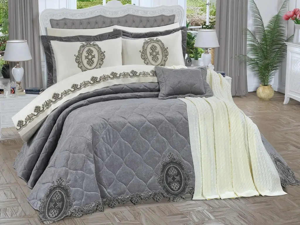 Sapphire Luxury Velvet Quilted 11 Piece Bridal Set Gray