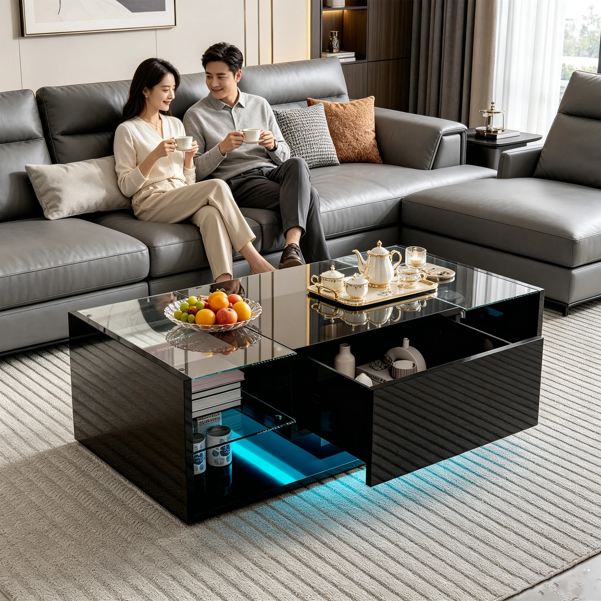 Anajqaqia 100x50x35cm Coffee Table with LED & Drawer & Glass Shelf ...