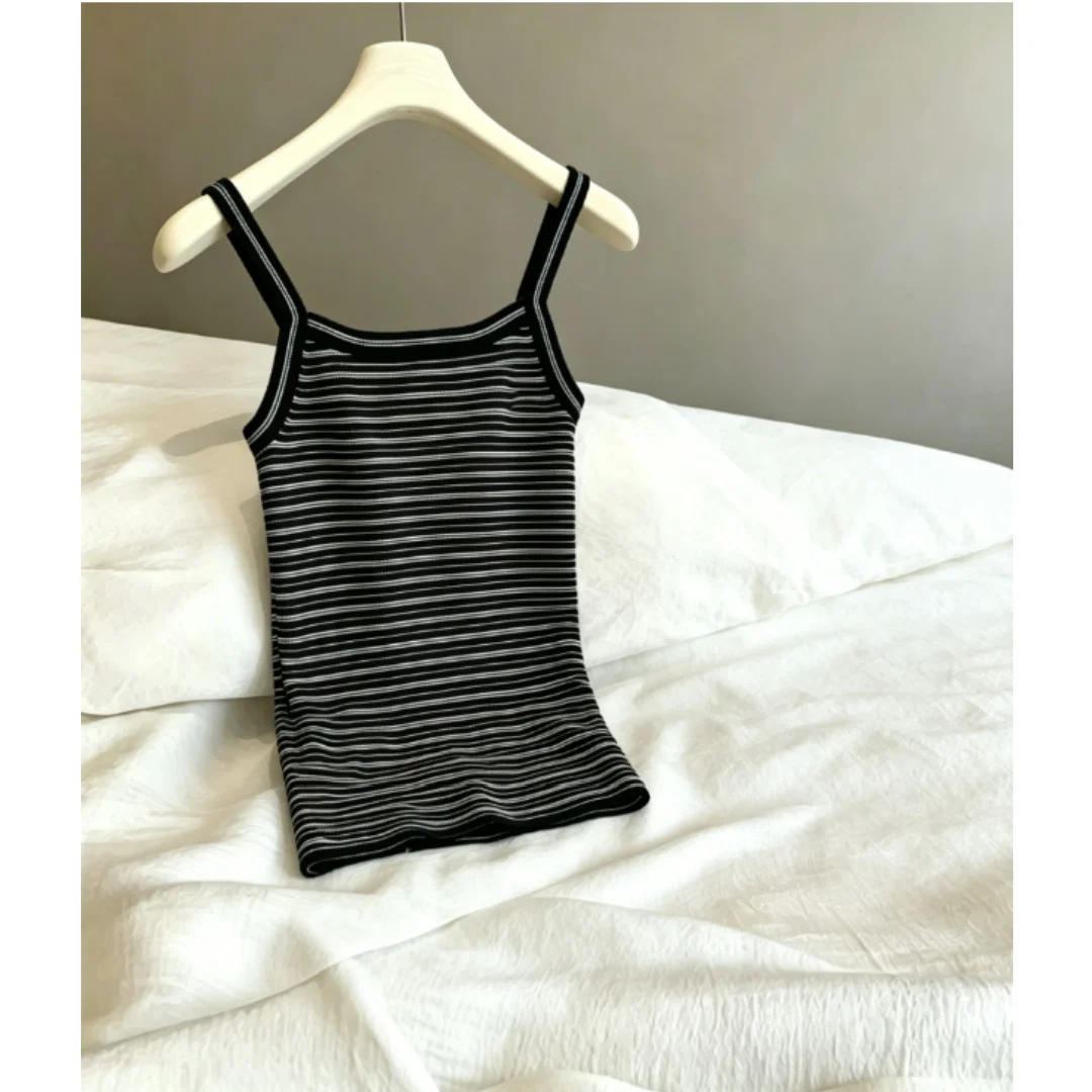 

Summer New Women's Fashion Blue And Black Fine Striped Knitted Halter Top