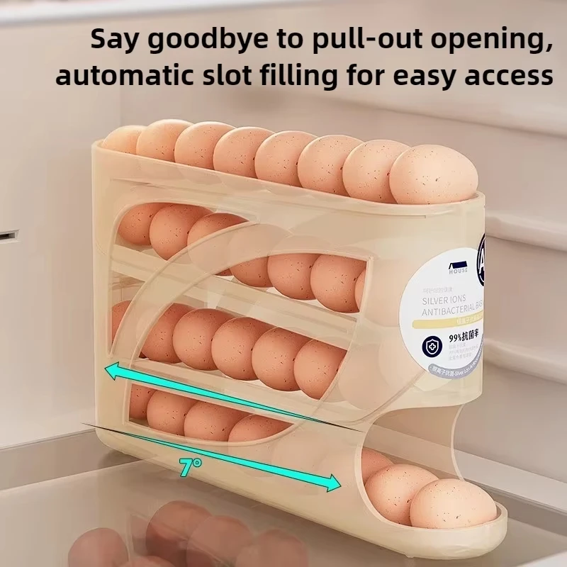 4-Tier Rolling Egg Storage Container for Refrigerator Holds 30 Eggs Organizer Rack Large Capacity Kitchen & Fridge Storage Box