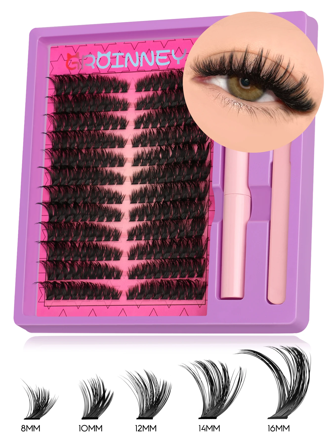 GROINNEYA Clusters Lash kit Cat Eye Lashes Extension Kit DIY Mixed Length with Lash Bond and Seal And Tweezers Makeup Set