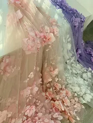 1 Yard Pink Embroidered Tulle Fabric With 3d Flowers Fancy Fabric With 3d Floral For Ball Gowns, Dress, Costumes