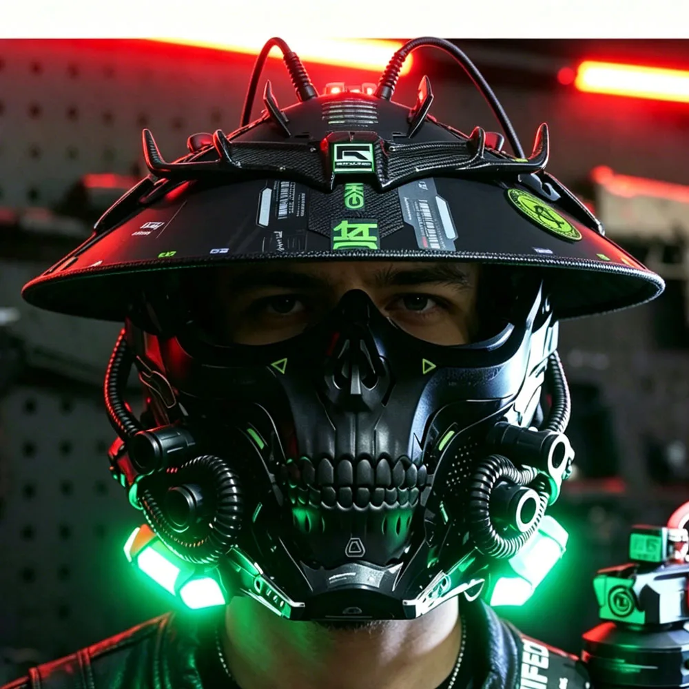 

Cyberpunk LED Mask Conical Hat Set Adjustable Tech Cosplay Prop Glowing Sci-Fi for Festival &Rave Party Futuristic Light Up Mask