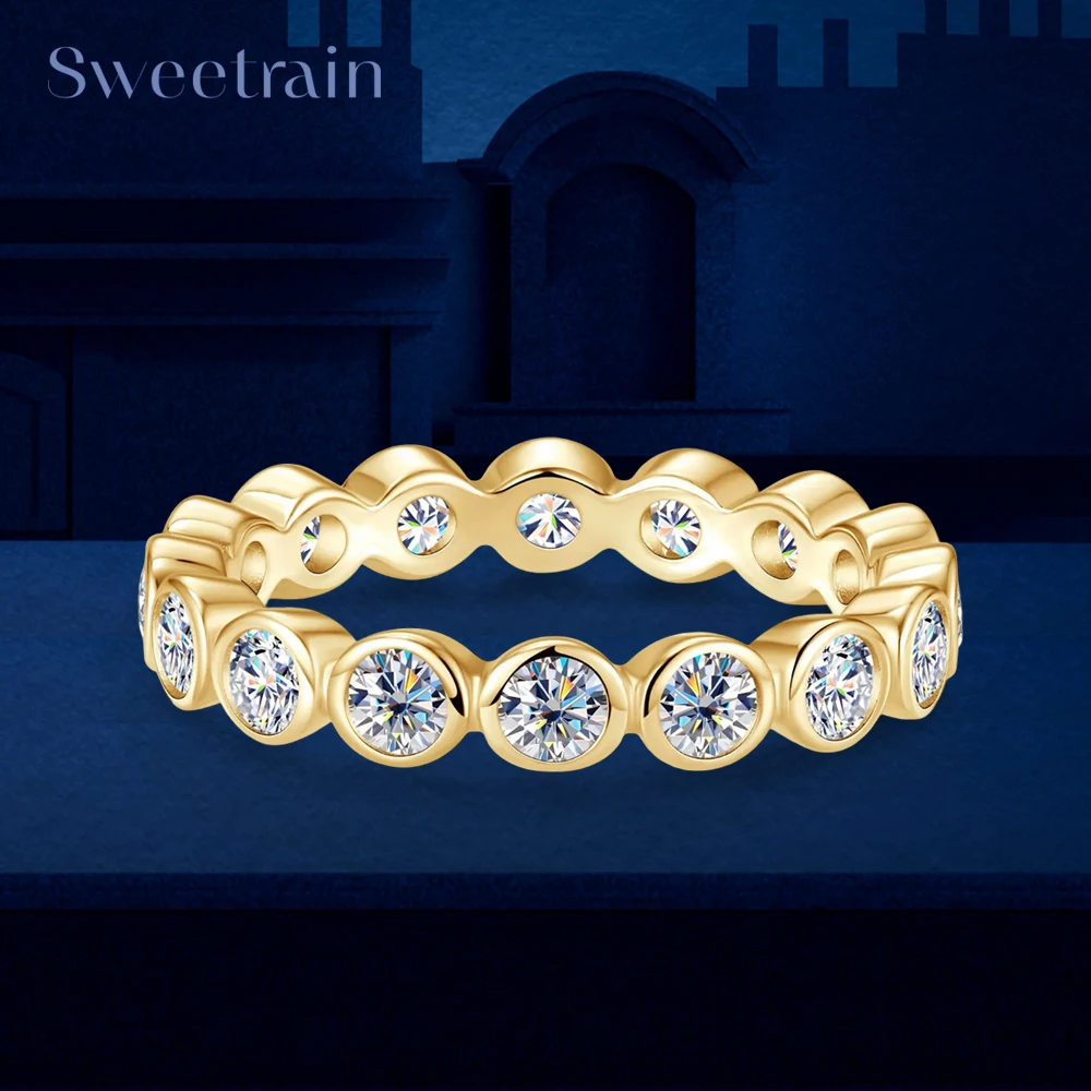 Sweetrain 3mm Bezel Set All Moissanite Rings Full Enternity Lab Diamond Wedding Band for Women 925 Sterling Silver Fine Jewelry
