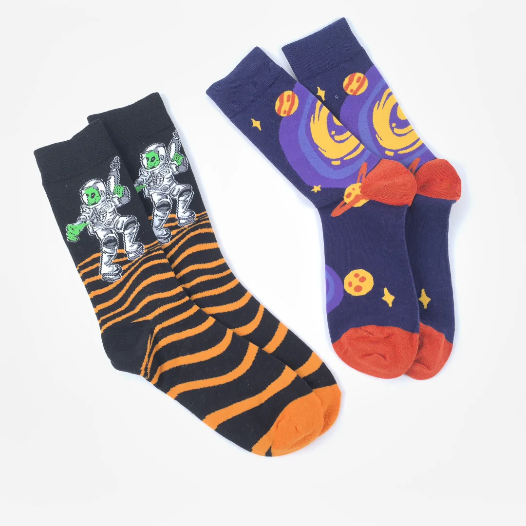 1 Pair Of Space Exploration Cosmic Planet Pattern, Trendy Fashion Men's Mid Calf Socks for All Seasons