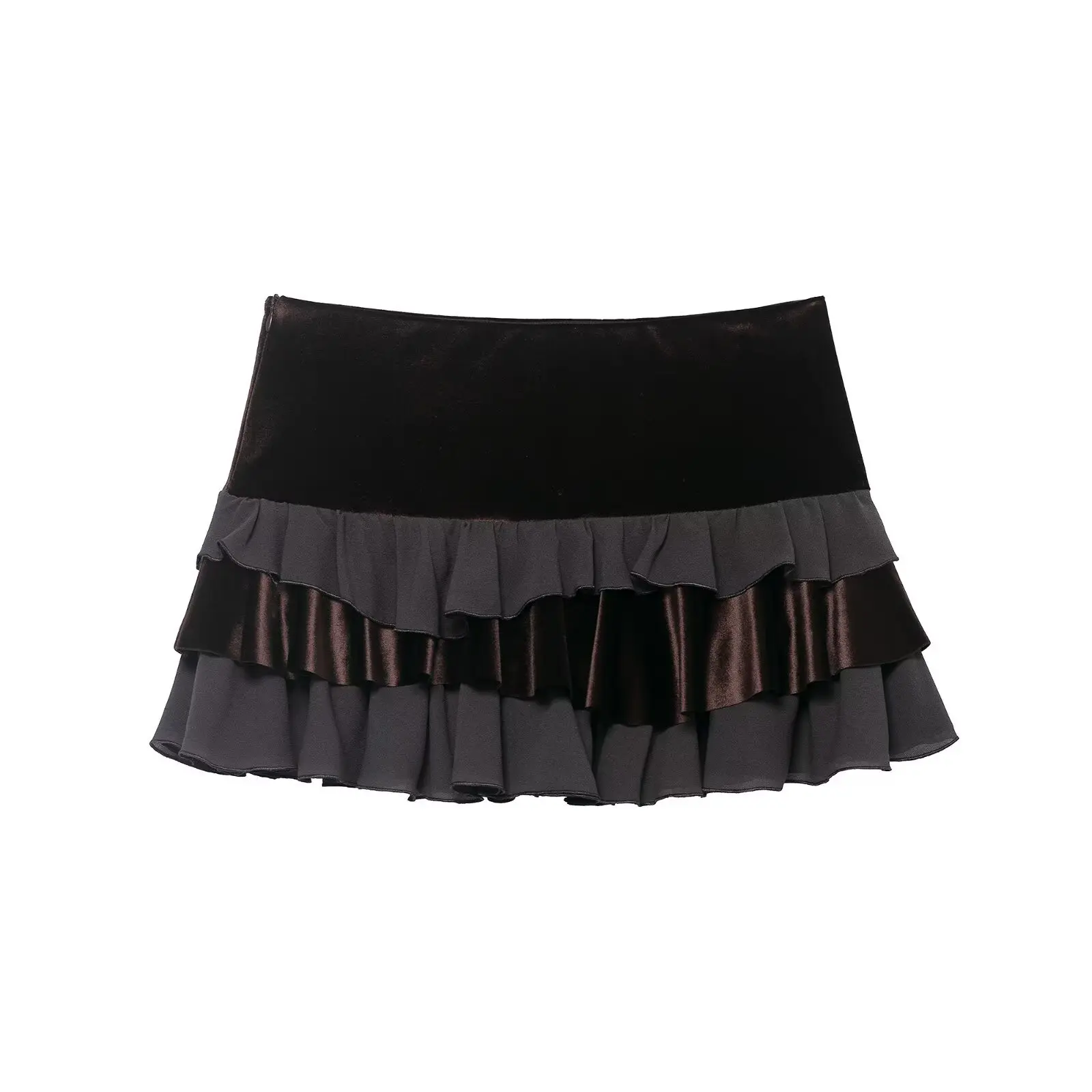 

Women Fashion Retro Versatile Stitching Layered Decorative Mini Skirt Female Elegant Party Dance Low-Waist Sexy Zipper Skirt