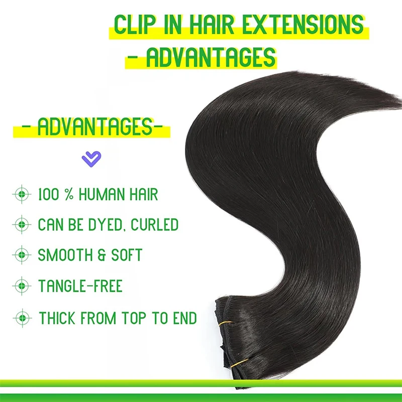 Extensions de cheveux humains Remy brésiliens à clipser, vrais cheveux raides, noir naturel 1B, 100% cheveux humains, 8 pièces, 100g par pièce