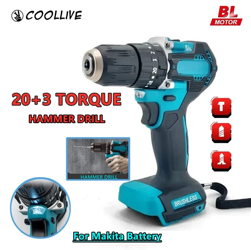 3 in 1 Brushless Cordless Electric Impact Drill Hammer 10mm 20+3 Torque Electric Screwdriver Power Tools for Makita Battery