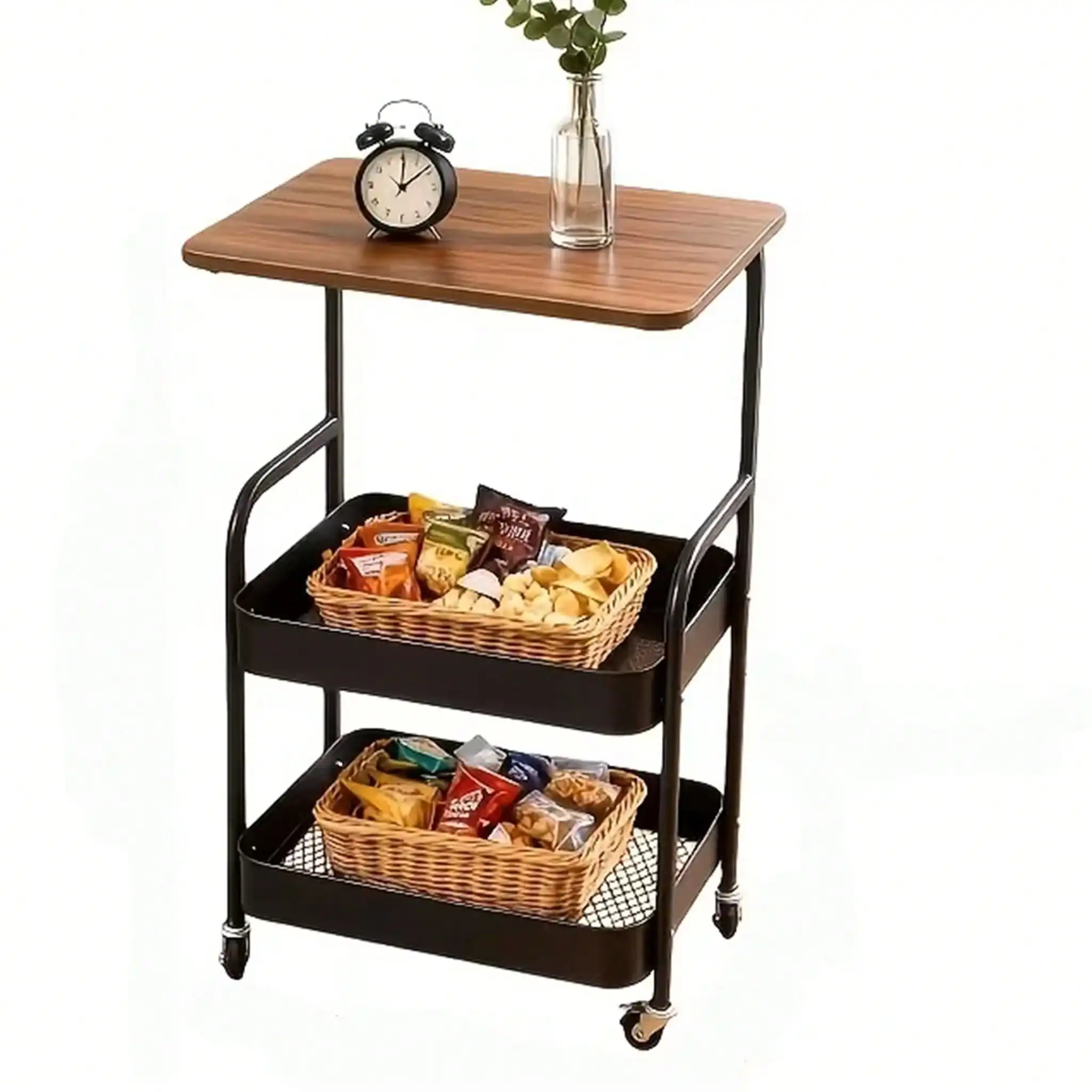 3‑Tier Rolling Storage Cart with Wooden Tabletop, Mobile Utility Cart with Wheels, Multifunctional Metal Organizer Trolley for Kitchen Living Room Bedroom
