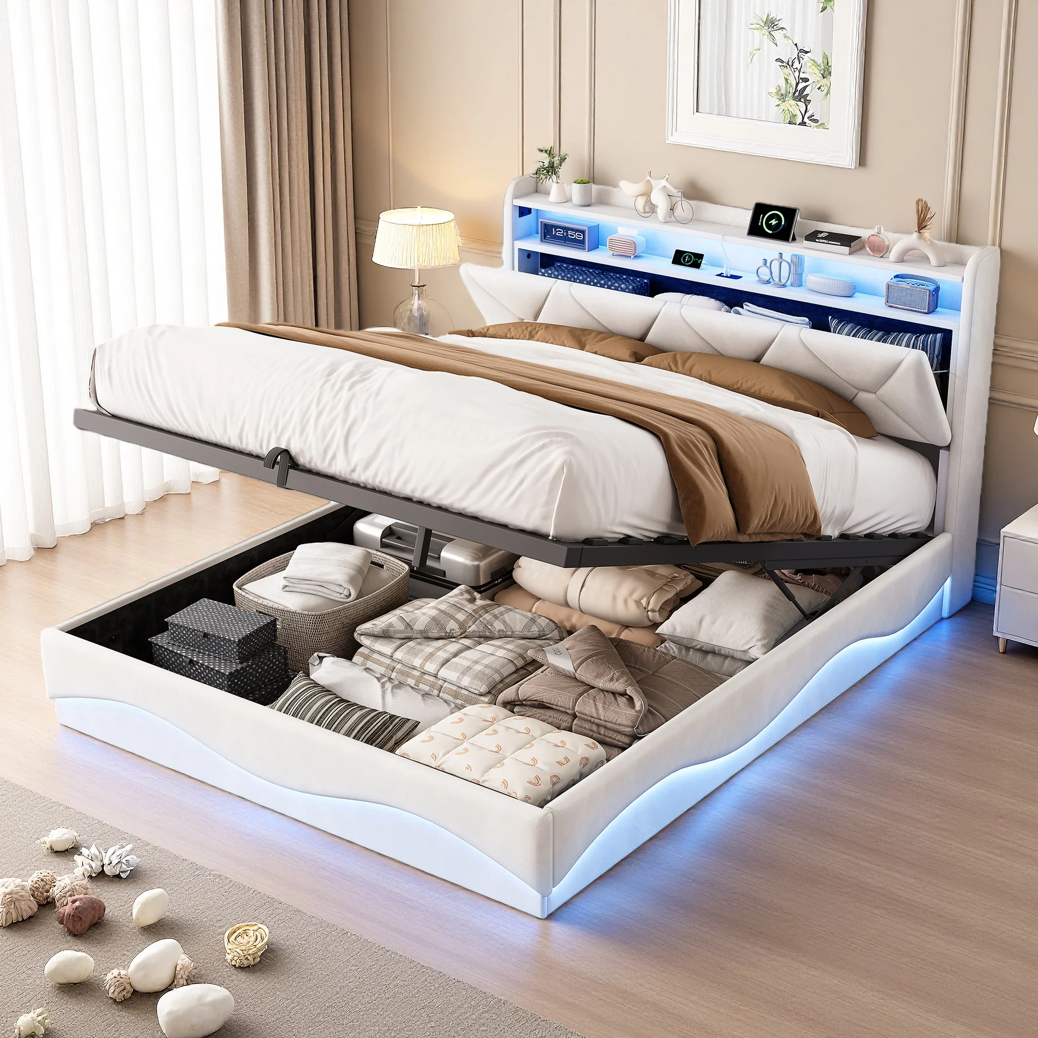 Letto imbottito Superaly 140x200 cm con contenitore integrato, letto con sistema di stoccaggio a scomparsa, letto singolo con spazio per riporre oggetti, struttura del letto con rete a doghe, letto