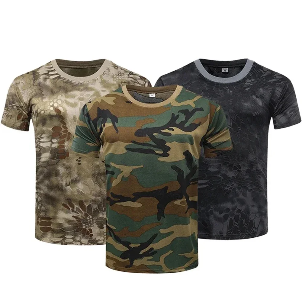 Outdoor Sports Men T-Shirts Camouflage Quick Dry O Neck Short Sleeve Tops Shirt Military Army Camo Hiking Hunting T Shirt — zdjęcie 2