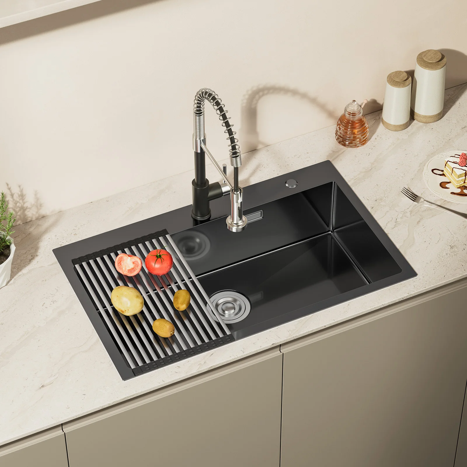 Küchenspüle Schwarz Edelstahl 75 x 45 cm Spülbecken mit Rollmatte und Spülkorb Handgefertigt Nano Beschichtung Einbauspüle Kratzfest für Moderne Große Küche Siphon Set