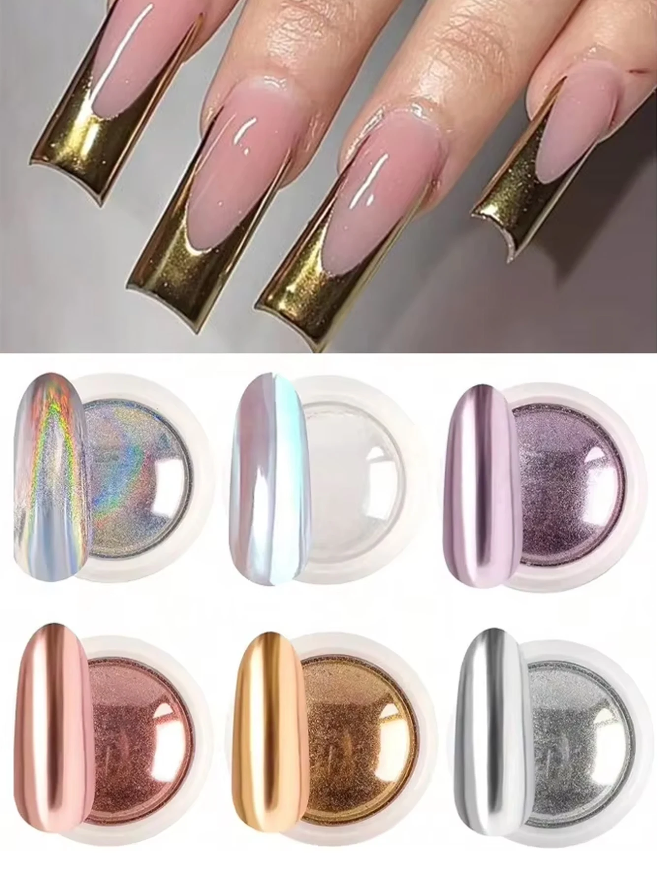 6 Colors Chrome Nail Powder Set Glitter Mirror Effect Nail Art Design 3D Holographic Aurora Iridescent Dust Nail Powder White Ch