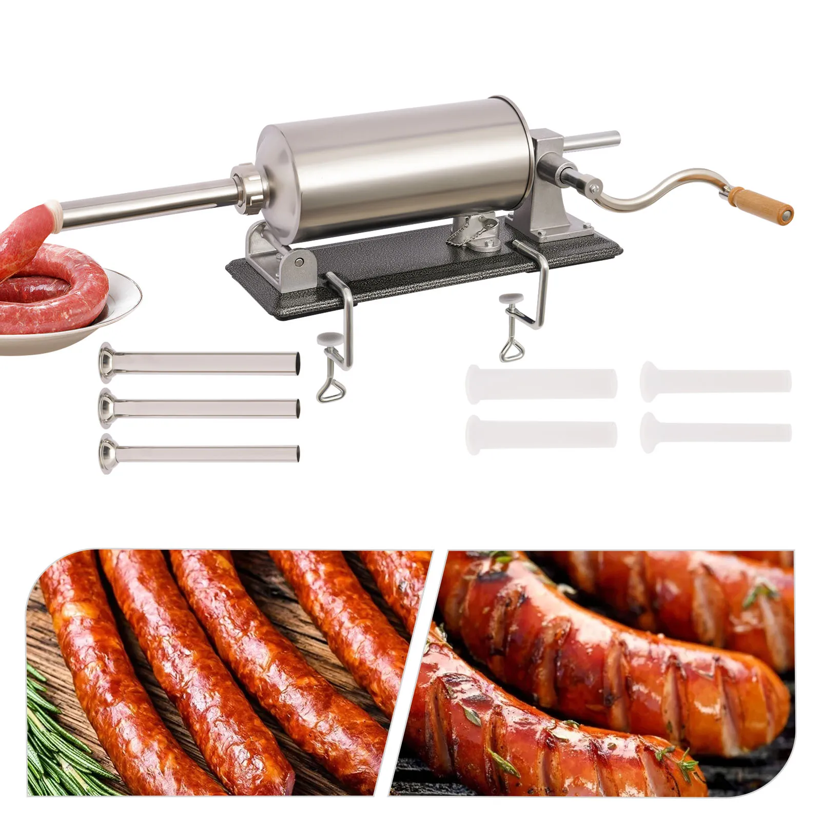 

Sausage Stuffer - Stainless Steel Homemade Manual Sausage Maker Horizontal Meat Filling Kitchen Machine, Packed 8 Stuffing Tubes