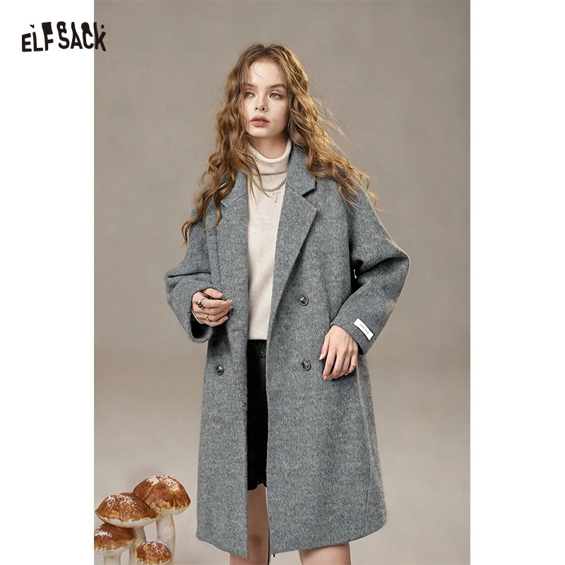 ELFSACK 2025 الشتاء الوافدين الجدد أنيقة Preppy الكلاسيكية الصلبة التلبيب الصوف مزيج خندق معطف للنساء