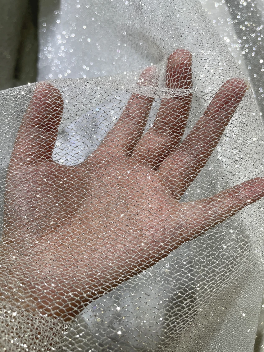 Shiny spray silver bronzing fabric medium hard diy wedding dress fabric background layout grid shiny net