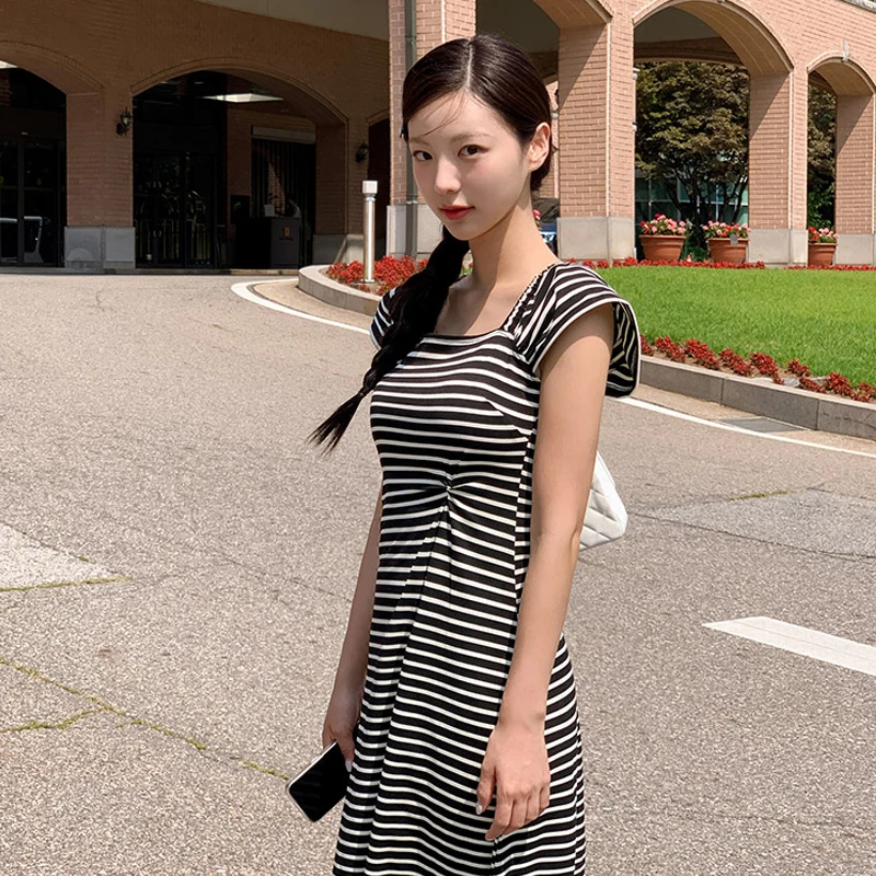 Korean Style Striped Striped Back Ribbon Sherring A-line Half-sleeve Long One-piece