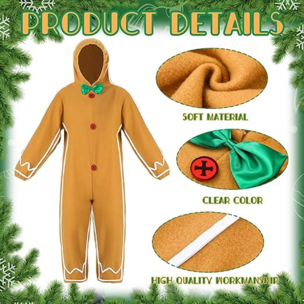 Christmas Gingerbread Man Cosplay Costume Boys Girls Gingerbread Man Themed Bodysuit Long Sleeve Holiday Party Role Play Dress