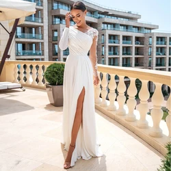 Customized Fashion Bride One Shoulder Split Wedding Dress Elegant And Chic Pleat O-Neck Floor Length Appliques Civil Bridal Gown