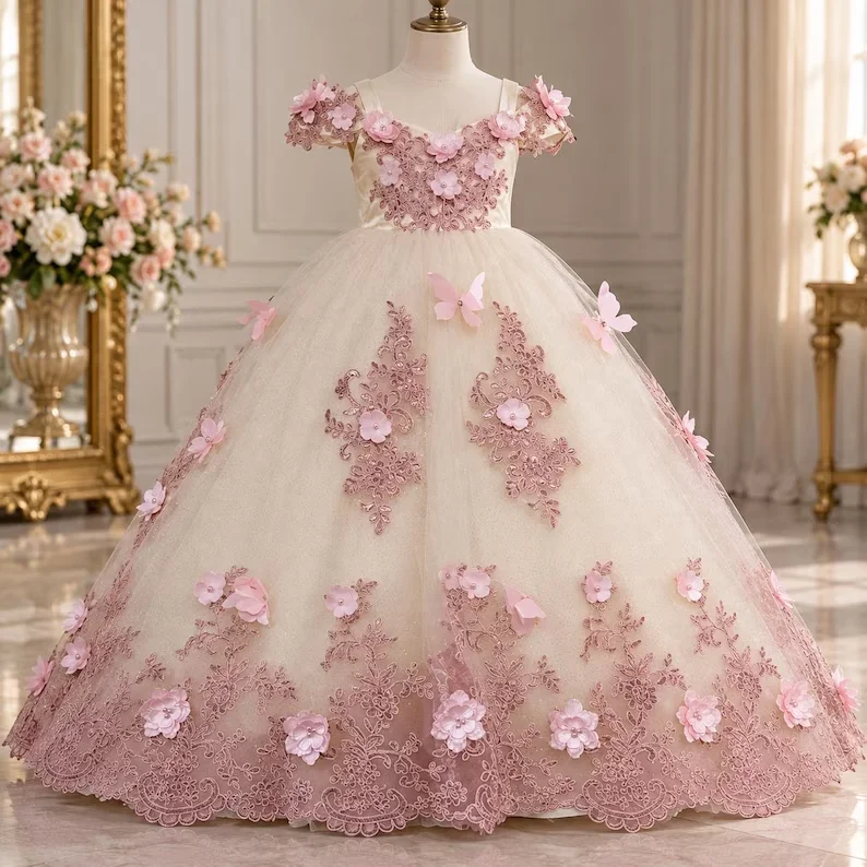 Luxury Lace Birthday Party Flower Girl Dress Pink Princess Elegant Kid Prom Dress Child Ceremony Girl Ball Gown Customized