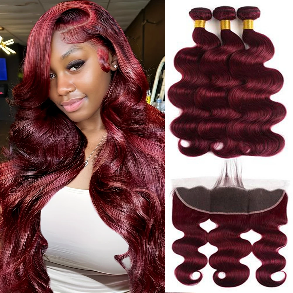 

99J Burgundy Human Hair 3 Bundles with 13×4 Lace Frontal Body Wave 99J Burgundy Pre Plucked 4 Bundle with Frontal with Baby Hair