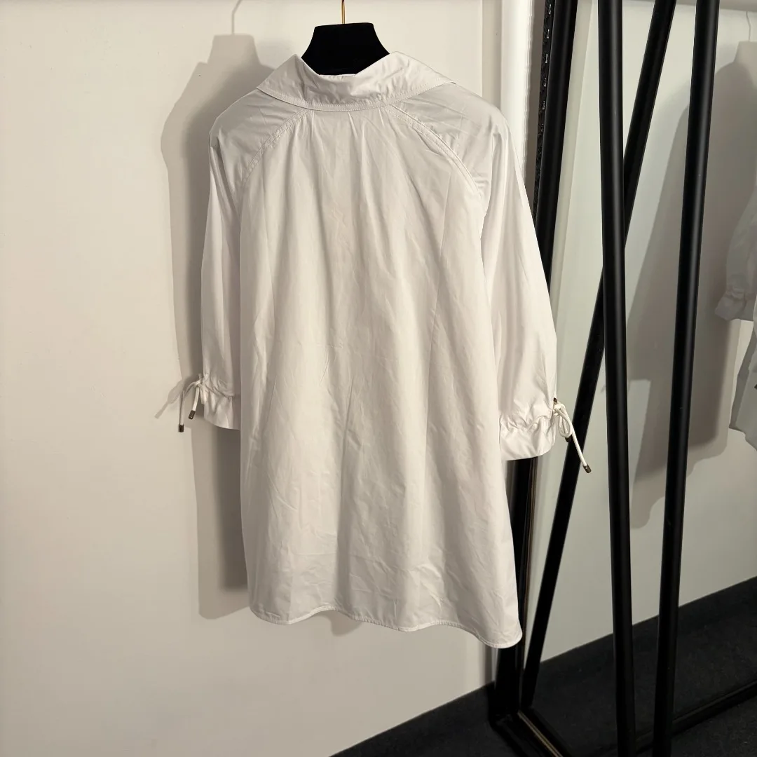 

2026 New Arrival Women's Commuter-style Lapel Long Sleeve Shirt Loose Fit With Drawstring Cuffs White Slimming Casual Top