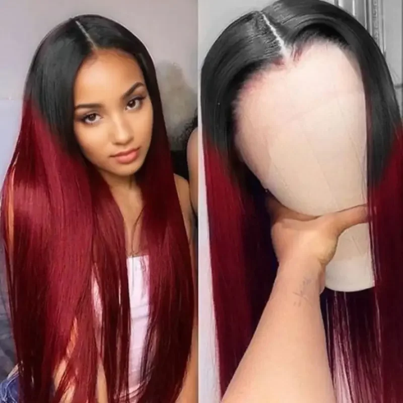 

1B Бордовые Прямые Волосы 13x4 HD Парик Фронта Шнурка Парики Человеческих Волос Предварительно Сорванные Бразильские 4x4 Парики Человеческих Волос 30In