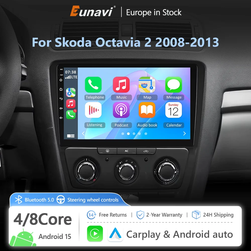 Eunavi – inteligentne systemy samochodowe, radio do Skody Octavia 2 (2008–2013), bezprzewodowe CarPlay, Android Auto, bez 2-DIN, DVD, radio, Wi-Fi, nawigacja GPS.