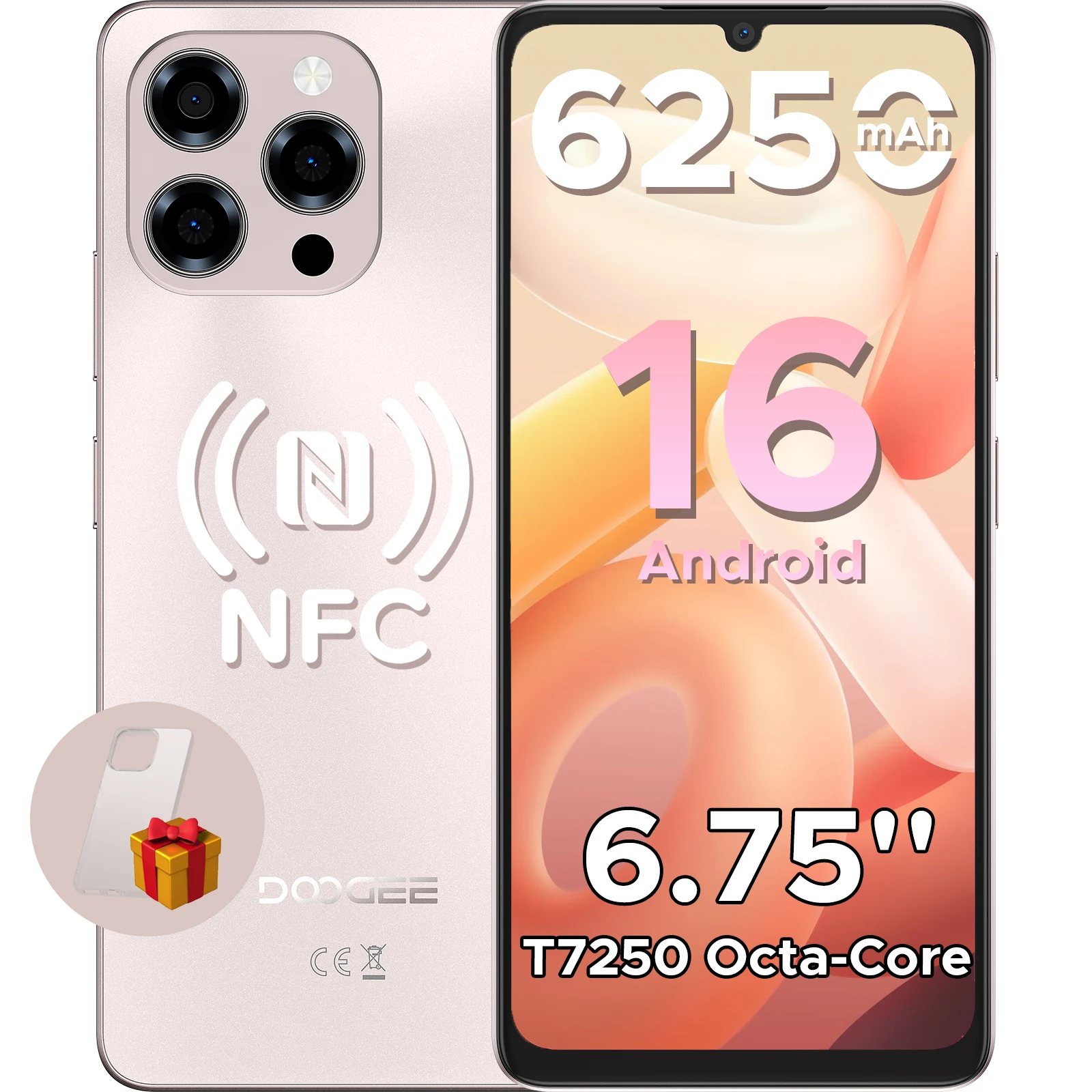 DOOGEE Note58 Pro Android 16 Smartphone 6,75" HD+ 90Hz IPS Scherm 6250mAh Grote Batterij 8GB RAM 256GB ROM T7250 Octa-Core NFC