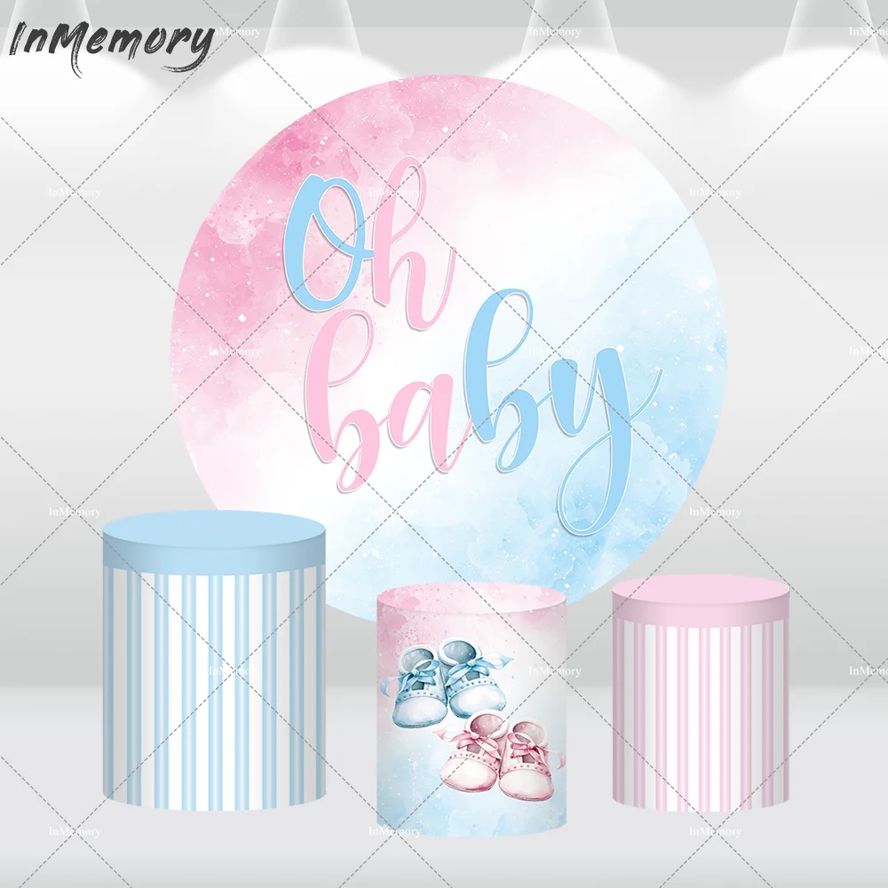 

Oh Baby Boy or Girl Round Backdrop Cover Gender Reveal Party Decoration Pink or Blue Baby Shower Circle Background Plinth Covers