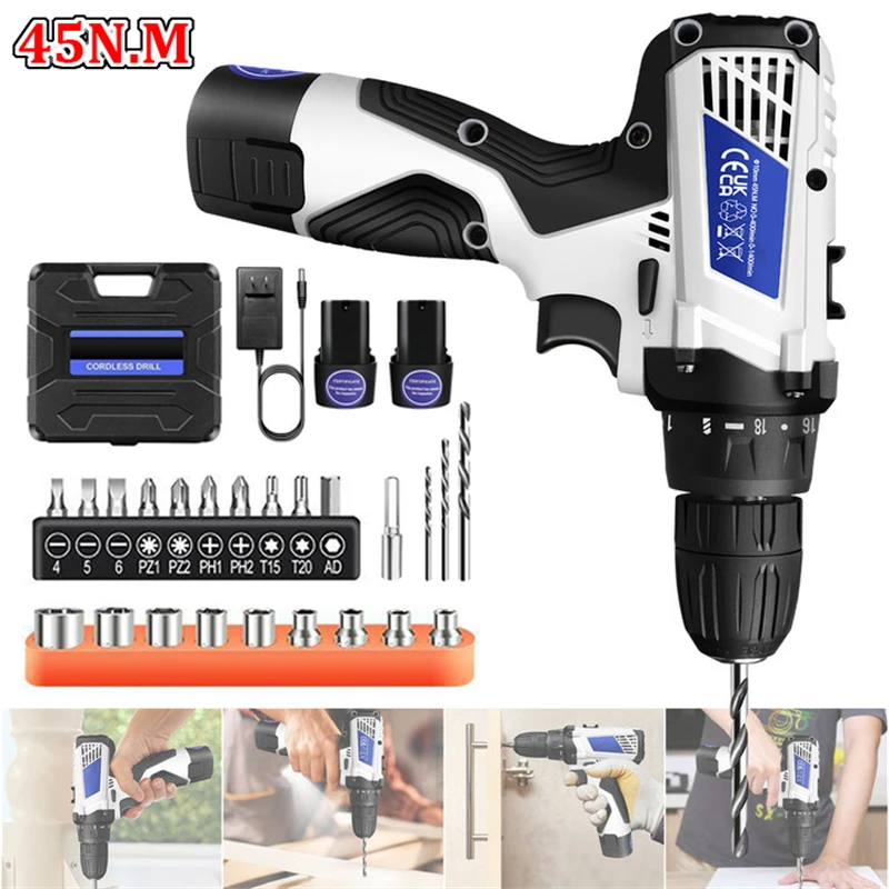 Kit de Taladro Eléctrico de 12V, Destornillador Inalámbrico de 45N.M, 2 Velocidades, 3/8 Pulgadas, 18+1 Ajustes de Torque, Kit de Herramientas con Luz LED