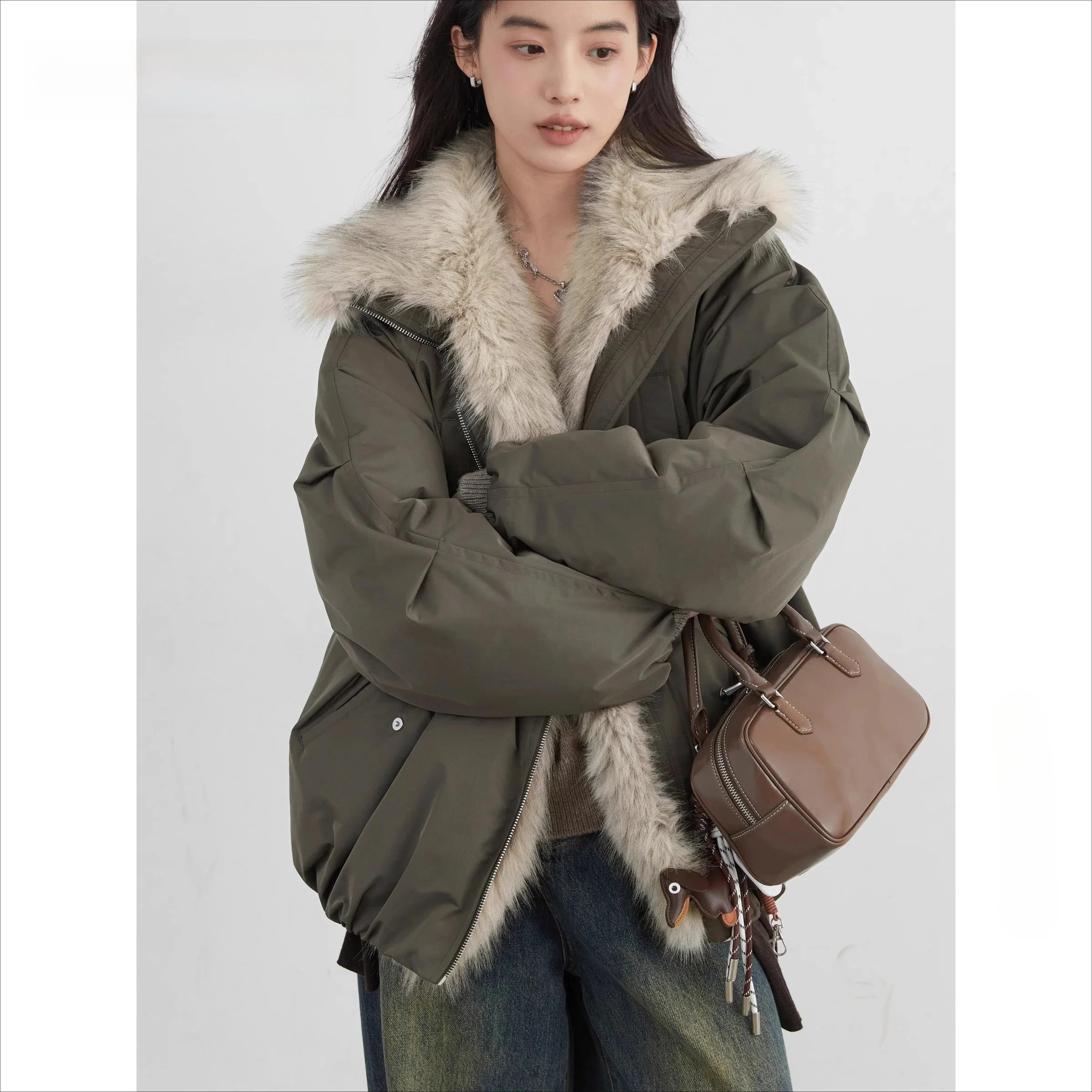 CHIC VEN Koreanische Frauen Daunenmäntel Kunstpelzkragen Lose Lässige Kapuze 90 Weiße Entendaunen Weibliche Daunenjacke Herbst Winter 2025